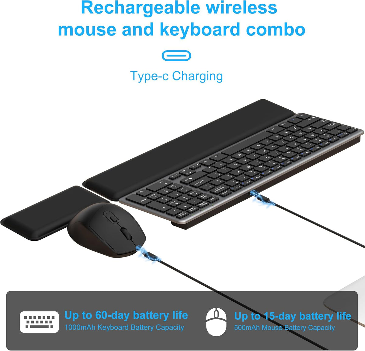 Ultra Slim Quiet Silent Wireless Keyboard and Mouse Combo with Magnetic Wrist Rest, Rechargeable Quiet Full-Size Keyboard and Mouse Combo Set Ultra Slim Design for Computer, Mac, Laptop, PC