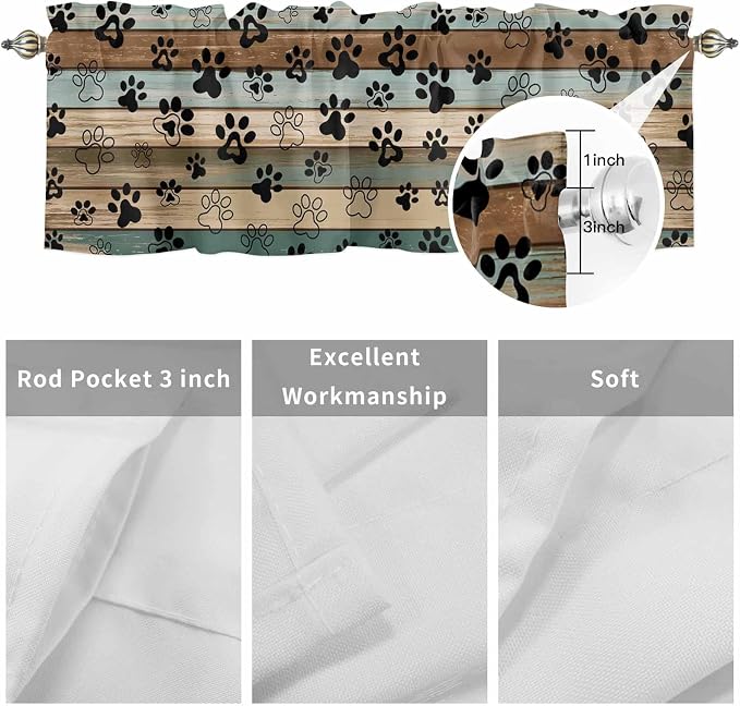 Dog Paws Valance Curtains for Kitchen, Teal Brown Wood Grain Privacy Rod Pocket