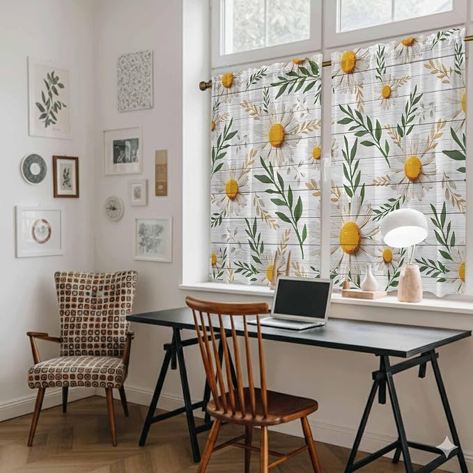 Spring Daisy Kitchen Curtains, Farmhouse Country Flower Leaf Plant Wood Grain