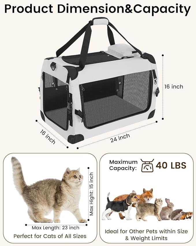 Extra Large Cat Carrier for 2 Cats, Portable Soft-Sided Pet Carrier for Small Dogs, Puppies & Rabbits, Collapsible Travel Carrier with Removable Cozy Pad & Storage Pockets, 24"×16"×16"