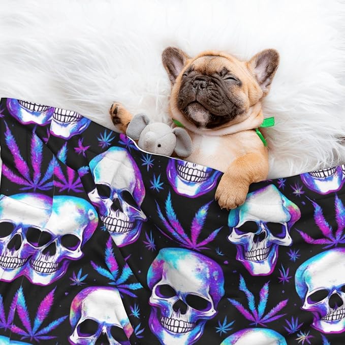 Double Sided Pet Bed Blanket for Added Cushion Warmth, Blue Weedleaf Trippy Skull Crossbones Black, Reversible Cover with Textured Dot Surface for Existing Beds Standalone Mat