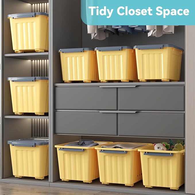 Nazhura Plastic Storage Bin, Stackable and Nestable Storage Boxes with White Lids and Secure Latching Buckles, Large Storage Container (Yellow/Purple, 72Quart-6Pack)