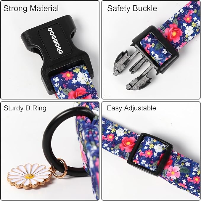 DOGWONG Blue Flower Dog Collar, Cute Adjustable Floral Collar, Girl Female Dog Collar with Strong Plastic Buckle for Small Medium Large Dogs,XS