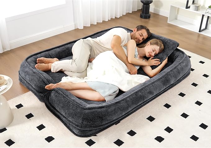 Double Human Dog Bed for Adult and Kids, Comfy Foldable Lazy Floor Loveseat Sofa Bed with 5 Adjustable Position, Upholstered Floor Bean Bag Lounger Chair for Bedroom, Living Room,Office (Dark Gray.)