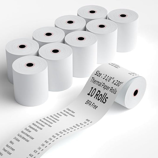 (10 Rolls) 3 1/8" x 230' Thermal Receipt Paper Rolls, Cash Register POS Thermal Paper, Credit Card Rolls Thermal 3 1/8 in x 230 ft.