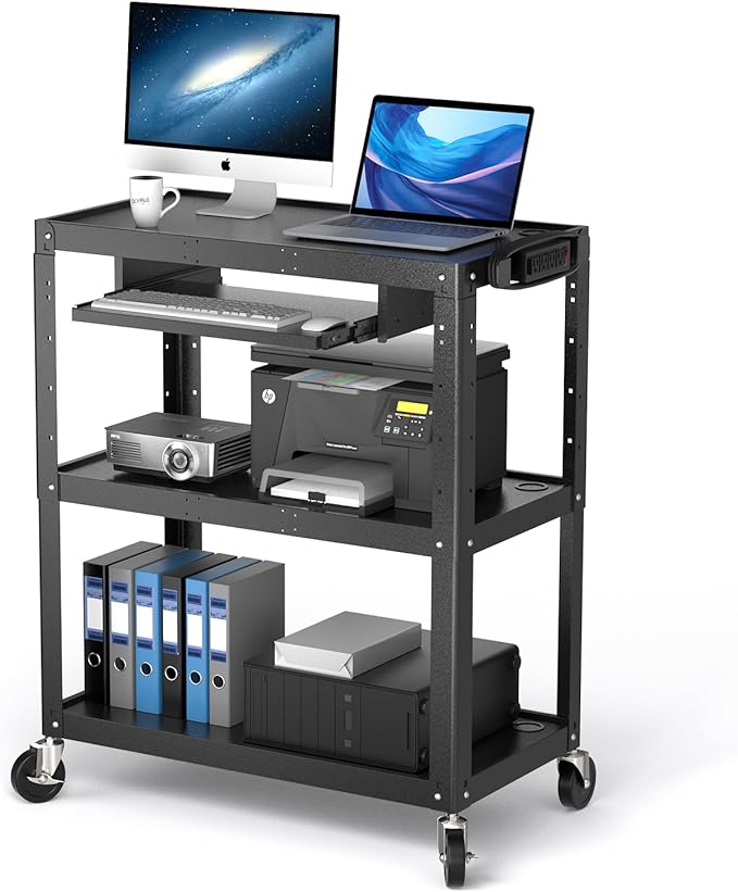 Extra Large Rolling Computer Cart with Power Strip - 3 Tier Steel Utility AV Cart with Wheels - Height Adjustable Mobile Workstation Media Carts for Presentation Office Classroom, 34" x 18" x 42"
