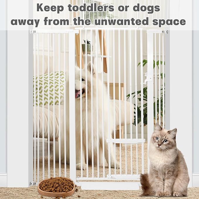 71 Inch Extra Tall Pet Gate with Small Cat Door, 29.55"-46.06" Adjustable Wide Dog Gate, Tall Cats Gates for Doorway, Stairs, House(White)