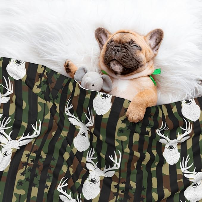 Pet Blanket for Indoor Outdoor Use, Cool Deer Camo Camouflage American Flag Hunting Black, Two Sided Reversible Plush Mat with Bumpy Dot Texture for Patios Crates Portable Bed Companion