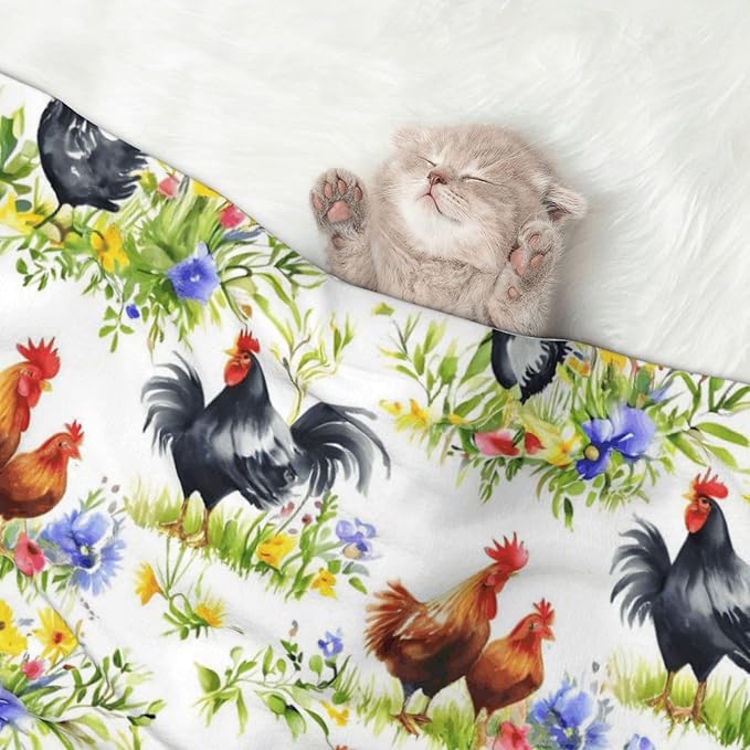 Reversible Dog Blanket for Beds Couches, Rooster Chicken Watercolor Flowers, Double Sided Cat Blanket with Textured Dot Feel and Smooth Feel for Seasonal Comfort All Year