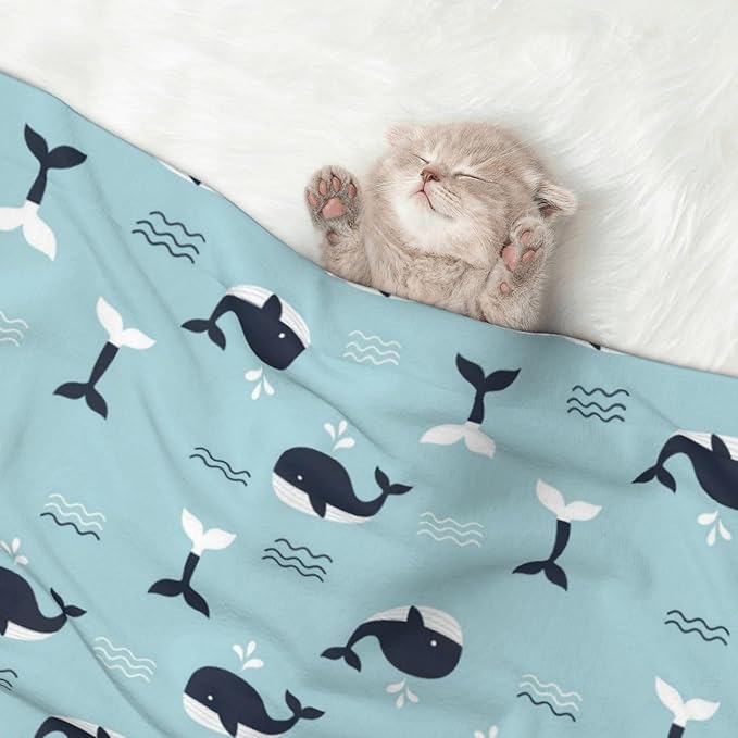 Two Sided Plush Pet Blanket for Crates Carriers Home Use, Whale in Ocean Pattern, Reversible Throw with Cozy Dot Fabric and Silky Reverse for Small Large Pets