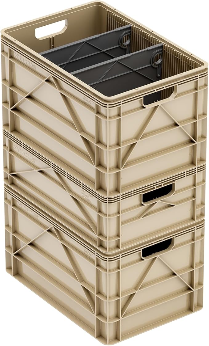 SIDIO Crate Basic Pack - 2 Full-Size & 1 Half-Size Heavy Duty Stackable Storage Bins, Totes and Containers with Dividers - Durable Plastic Organizer for Home, Office, Garage, and Outdoor Use (Tan)