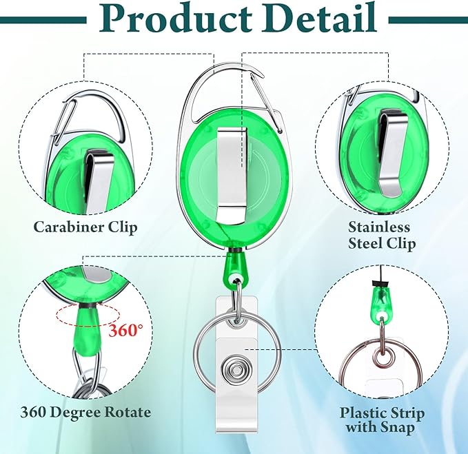 Laumoi 80 Packs Retractable ID Badge Holder Name ID Badge Reel Clips Keychain with Belt Clip and Key Ring for Office Worker Doctor Nurse Employee (Transparent Green)