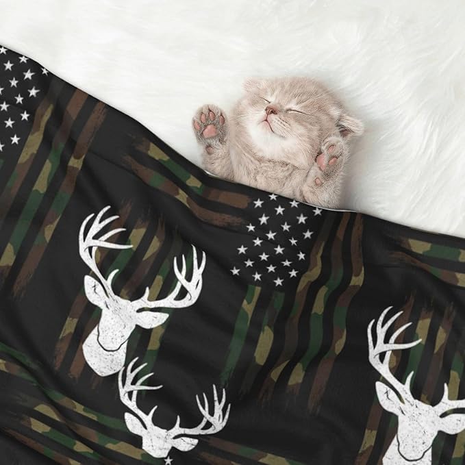 Pet Blanket for Car Rides Vet Visits, Deer Camo Camouflage American Flag Hunting Black, Two Sided Reversible Plush Design with Bumpy Dot Side Offers Comfort Home Piece On Go Travel