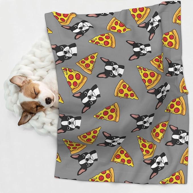Reversible Plush Throw for Dogs and Cats, Grey Boston Terrier Dog Pizza, Double Sided Blanket with Nubby Dot Side and Sleek Side Ideal for Cuddling Nesting Security
