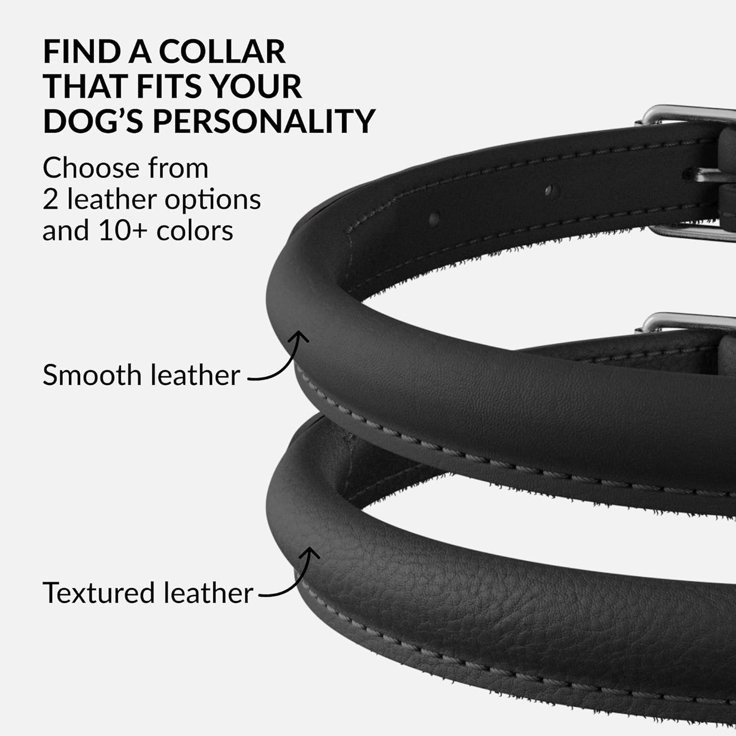 CollarDirect Rolled Leather Dog Collar, Soft Padded Round Puppy Collar, Handmade Genuine Leather Collar Dog Small Large Cat Collars 13 Colors (6-7 Inch, Black Smooth)