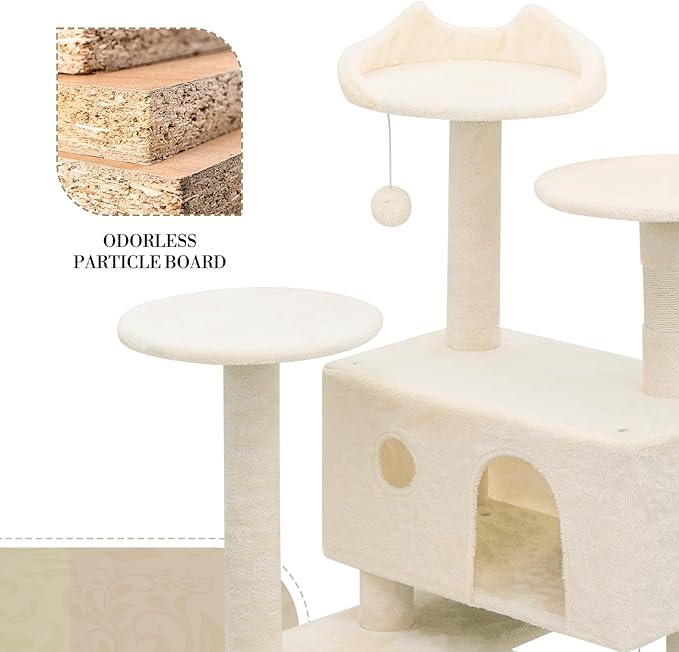 Athena Collection Cat Tree, 77 Inch Cat Tower for Indoor Cats, Multi-Level Cat Tree Tower Activity Center with 2 Cat Condo & Cat Scratching Post & Dangling Ball, Tall Cat Tree, Beige