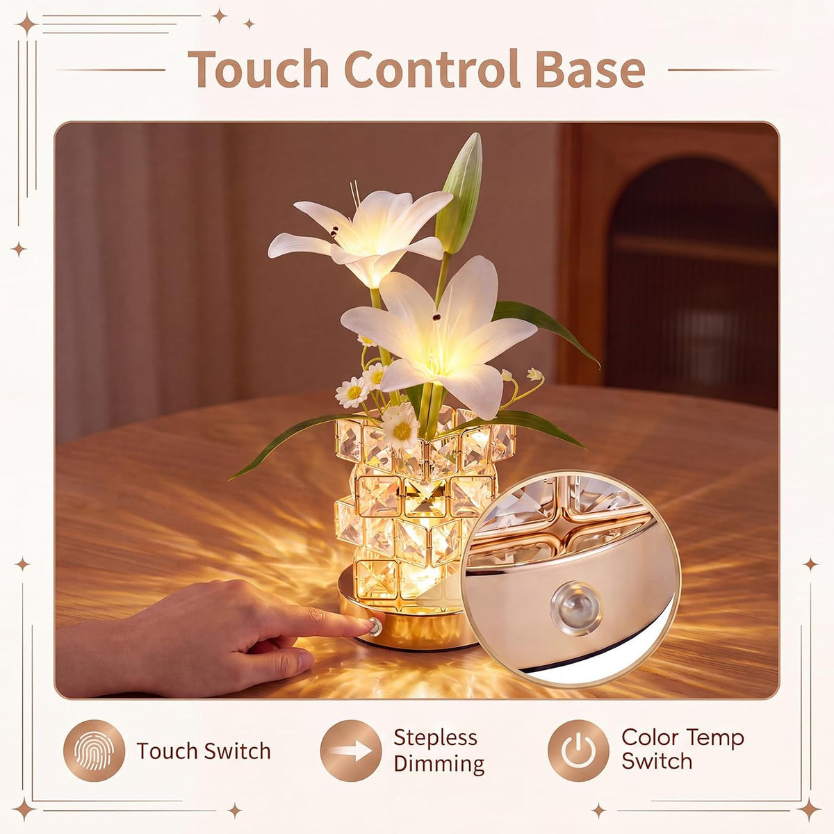 Lily Flower Touch Crystal Table Lamp Rechargeable Gifts for Women
