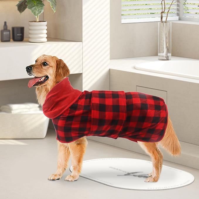 Geyecete Dog Drying Coat - Fast Drying Dog Bath Robe Towel - Microfibre Super Absorbent, Luxuriously Soft Red Black Grid - XXL