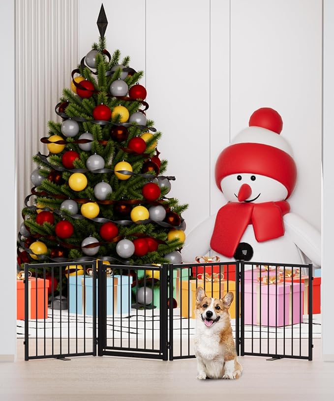 Full Metal Freestanding Dog Gate with Door, 24'' Height Foldable Pet Dog Fence for Indoor & Outdoor, 4 Panels Extra Wide Free Standing SmallDog Gates for Doorways,House,Stairs,Porch,Deck,Yard