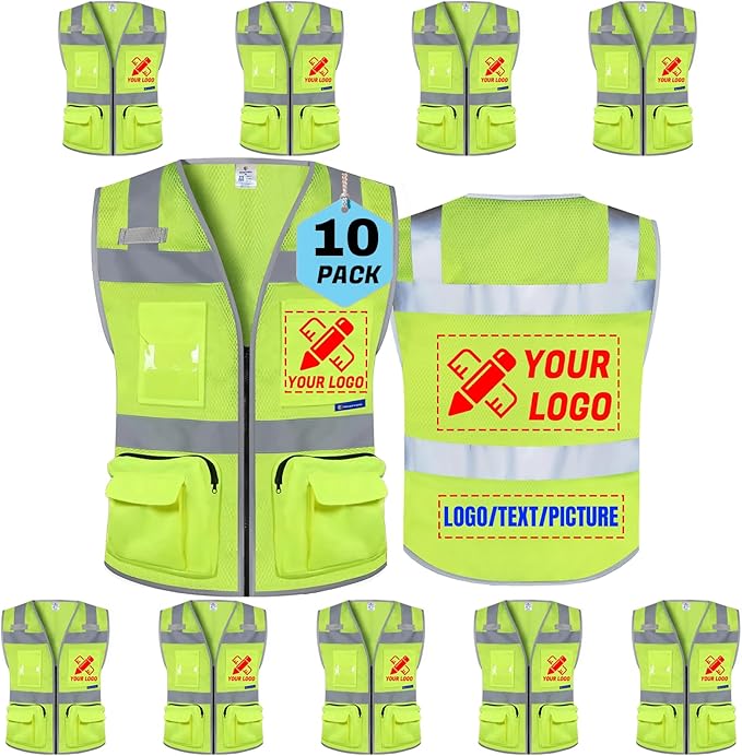 BeautyWill Custom Logo 10 Pack Safety Vest Mesh High Visibility Reflective Vest Customized Logo Utility Zipped Pockets Construction Workwear （Yellow,4XL）