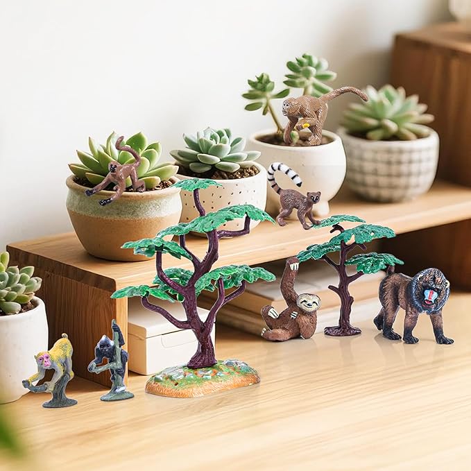 16Pcs Monkey Animal Figures Set, Assorted Wild Primate Toys with Sloth, Mandrill, Ring-Tailed Lemur Gorilla and Trees for Kids Educational Birthday Cake Decoration Party Favor School Projects