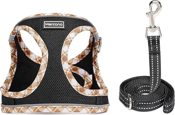 Mercano Soft Mesh Dog Harness and Leash Set, No-Chock Step-in Reflective Breathable Lightweight Easy Walk Vest Harnesses with Safety Buckle for Small Dogs, Cats (Black Yellow, XS)