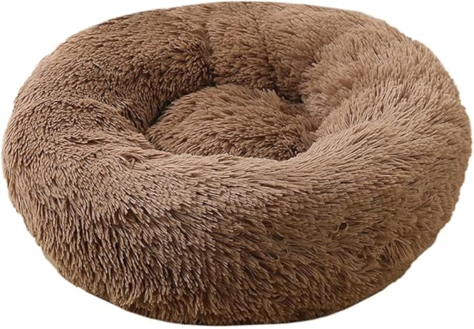 Calming Faux Fur Dog Beds Calming Donut Cuddler Dog Bed Washable Round Cat Bed Pillow Cuddler Fluffy Indoor Dog Calming Beds with Anti Slip Bottom Solid Color Light Coffee 21 Inch