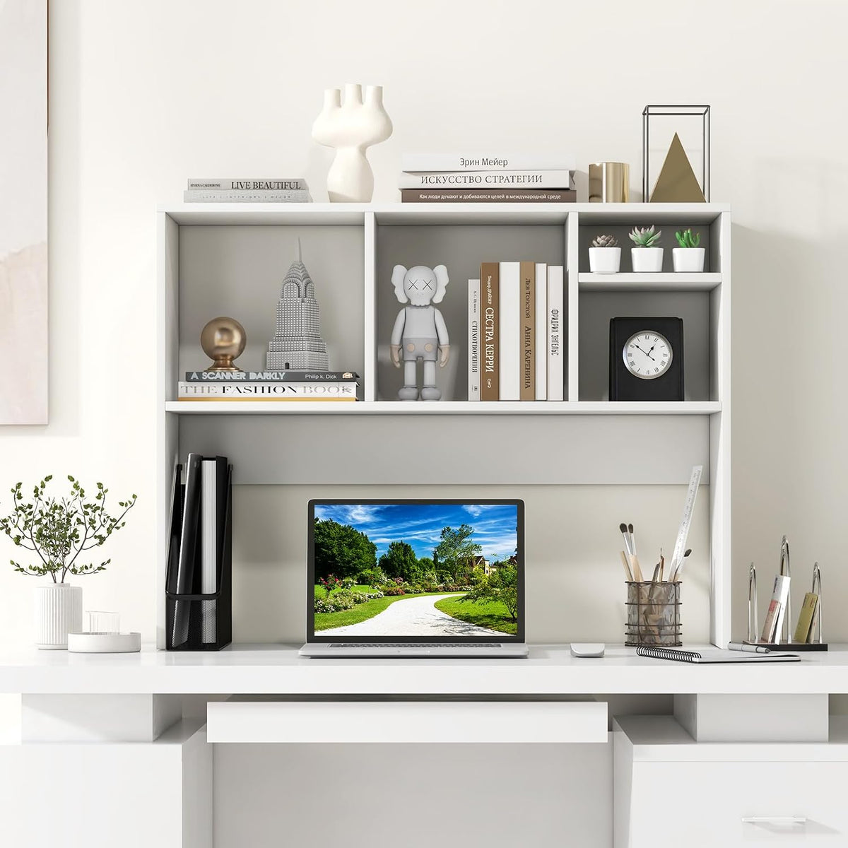 GOFLAME Desk Hutch Dorm White, 4 Cubes Desktop Bookshelf, 37” Wood Tabletop Storage Organizer Shelf for Computer Monitor, Modern Countertop Display Hutch, Home Office, Study