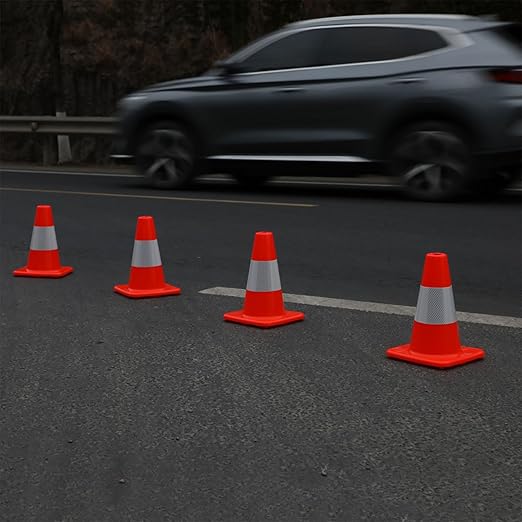 8 Pack All-PVC 1-Piece Traffic Cones, 360° Visible Fluorescent Orange-Red, No Base Separation for Parking, Sports, Driving Training, Construction Events