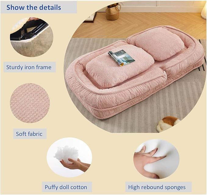 Human Dog Bed for Adult and Kids, Comfy Foldable Lazy Floor Sofa Bed with 5 Adjustable Position, Pink Upholstered Floor Bean Bag Lounger Chair for Bedroom, Living Room,Office (Pink.)