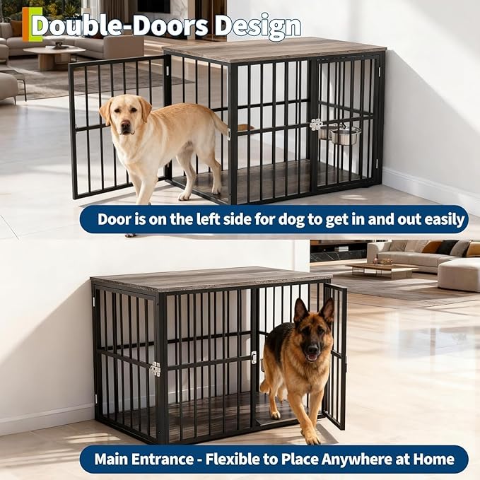 43 Inch Indoor Dog Crate End Table Furniture with Double Doors, Wooden Pet Cage Side Table, Heavy-Duty Dog Kennel for Medium and Large Breeds