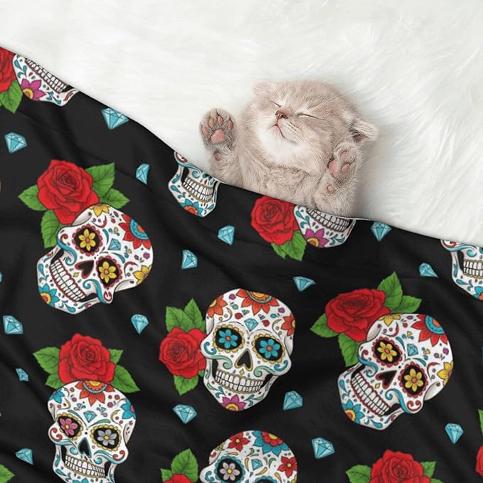Dog and Cat Blanket in One, Floral Rose Flowers Day of The Dead Sugar Skulls, Double Sided Plush Throw with Raised Dot Pattern on One Side and Flat Velvet on Other for Variety