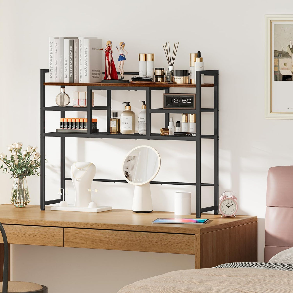 Snughome Desk Shelf, 38.6" Desktop Bookshelf, Desk Hutch Dorm, Countertop Storage Hutch with 5 Shelves for Computer Desk, Multipurpose Wood Desktop Display Organizer Rack for Home Office Dorm