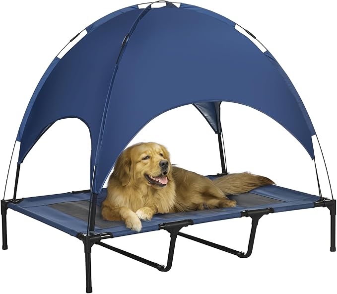PawHut Elevated Dog Bed with Canopy, Portable Raised Dog Cot for XL Sized Dogs, Indoor & Outdoor, 48" x 36" x 43", Dark Blue