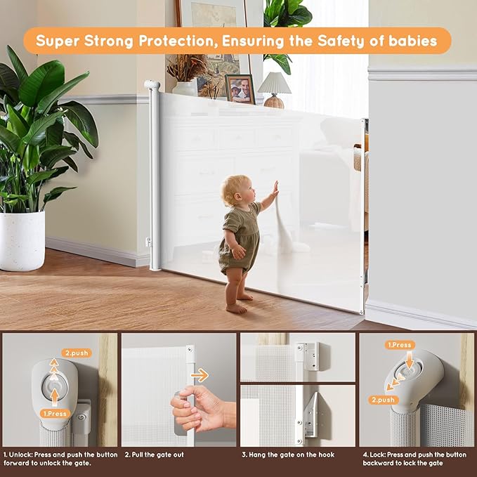 Retractable Baby Gate for Stairs, 55" Wide Mesh Pet Gate, Automatic Tension, One-Hand Operation, 38" Tall Baby Gates for Doorways, Hallways, Deck, Indoor Outdoor, Safe, Easy to Fit, White