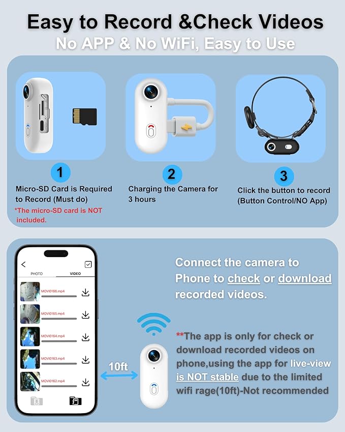 Cat & Dog Camera Collar with Phone APP, 1080P HD Video Recording Pet Camera Collar – Lightweight Pet POV Cam for Curious Cats & Adventurous Pups