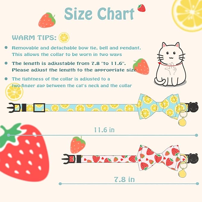 Breakaway Cat Collar with Cute Bow Tie Bell 2Pack Lemon Strawberry Summer Collars for Male Female Soft Cotton Kitty Kitten Collar Cute Cat Collars Ideal for Girl Cats Boy Male Cats