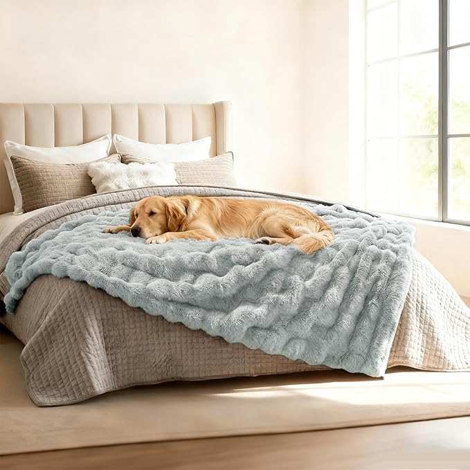 Waterproof Dog Blanket for Sofa Bed Couch, Couch Cover Blanket Fluffy Faux Rabbit Fur Reversible Furniture Protection, Pet Blanket for Medium Large Dogs Cats