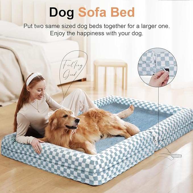 Large Dog Bed Orthopedic Washable: Beds Bolster XL Bed Medium Large Dogs Egg Crate Foam Couch Sofa Waterproof with Removable Cover - Blue Grid