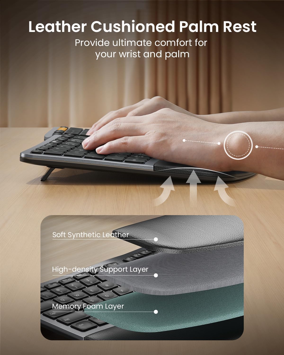 ProtoArc EK01 Plus Backlit Bluetooth Ergonomic Keyboard, Full Size, Grey