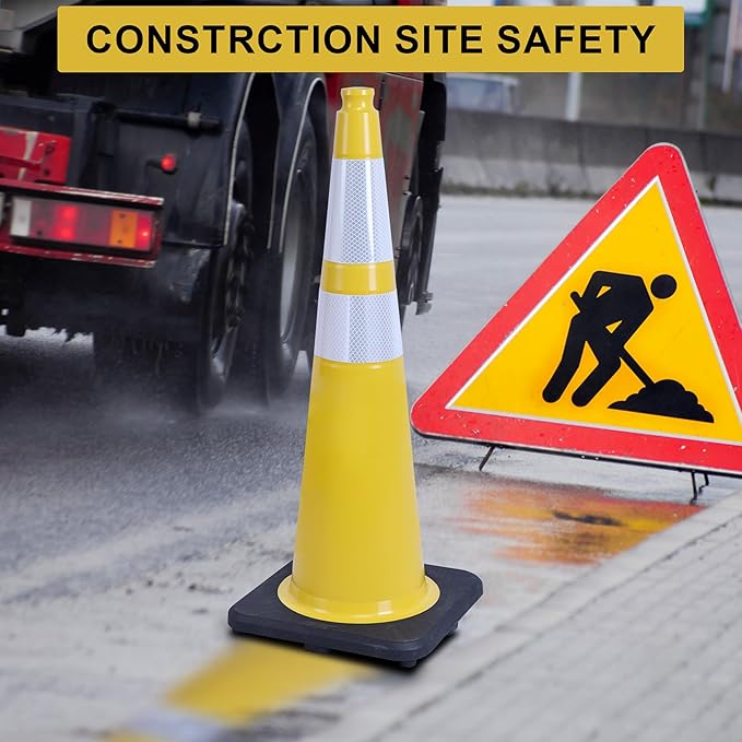 OrangeStar 8-Pack 36" Yellow Traffic Cones with Weighted Rubber Base, 2 Reflective Collars, Large Safety Cones for Parking Lot, Road Construction, Warehouse, Highway, Weatherproof PVC