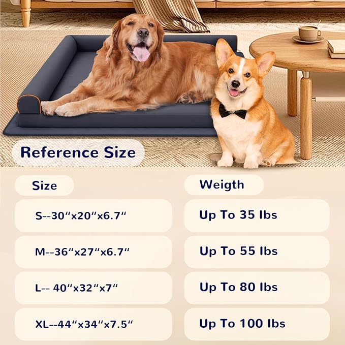 Dog Bed Large Memory Foam Orthopedic Dog Couch with Anti-Slip Mat Washable Chew Proof Pet Bed Waterproof (Blue)