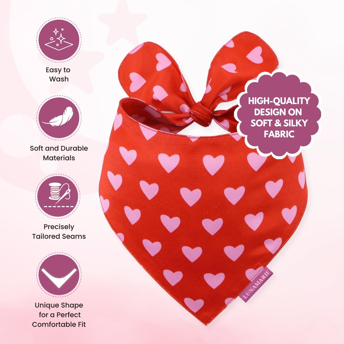 LunaMarie - Luxury Pet Birthday Bandanas -Premium & Silky Poly Fabric | 100% Handmade | Custom Shape Dual Layered (Evie Hearts, X-Small)