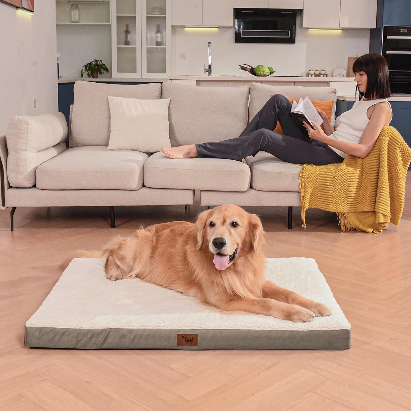 Orthopedic Dog Bed for Large Dogs, Washable Dog Bed for Large Sized with Egg Crate Foam Pet Mat, Removable Oxford Cover, Khaki White