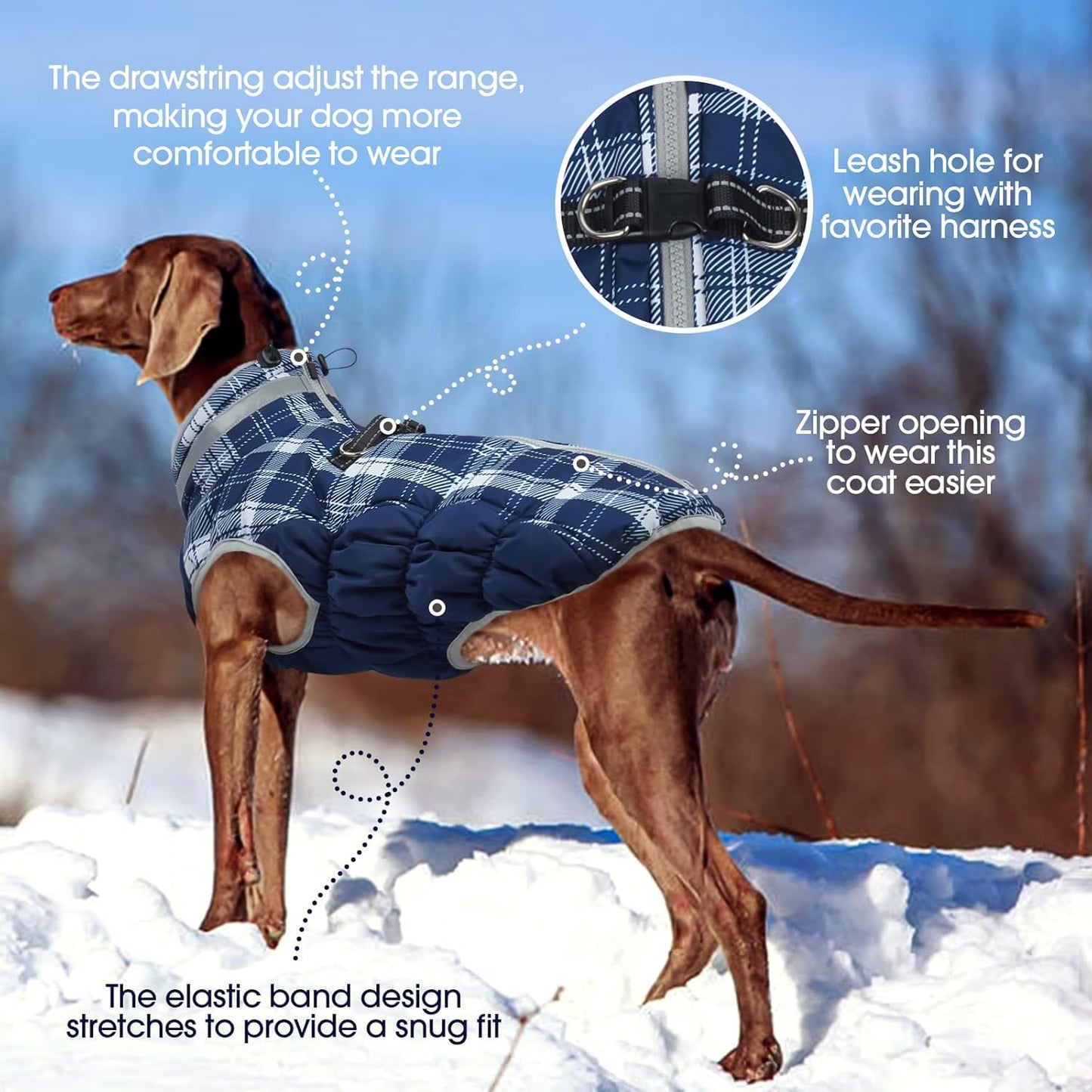 FUAMEY Dog Coat for Large Dogs,Waterproof Dog Winter Jacket with Harness Built in Puppy Cold Weather Coats Reflective Pet Vest with Zipper Warm Fleece Dogs Snowsuit Windproof Blue Plaid 2XL