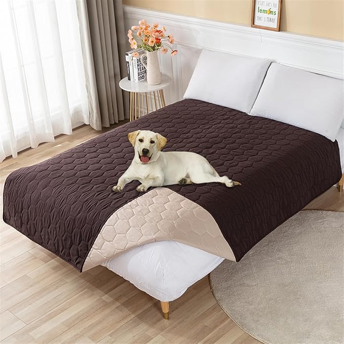 GIBZ Waterproof Dog Bed Cover Anti Slip Pet Furniture Protector Washable Blanket Large Soft Quilted Mat, Coffee, 130x210cm