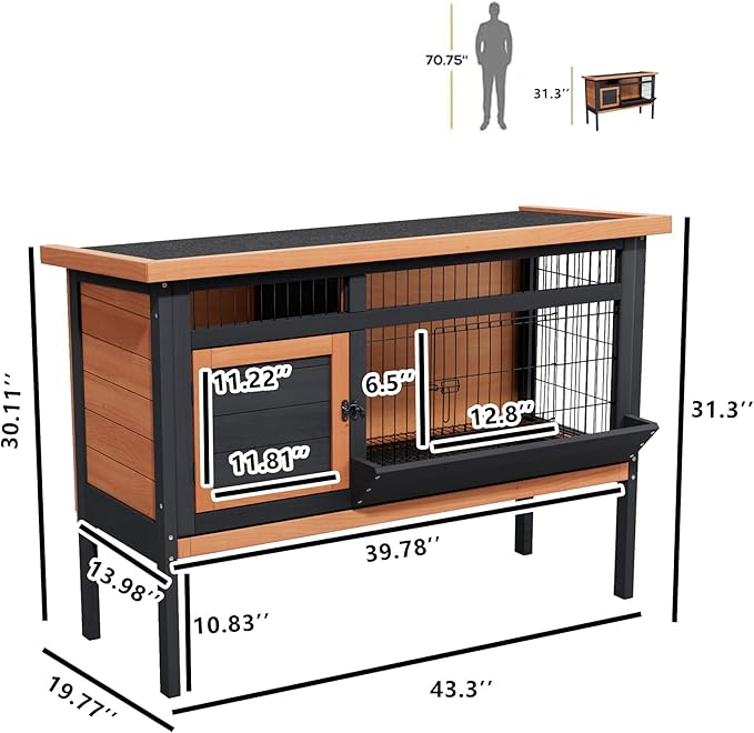 Rabbit Cage Elevated Bunny Hutch Indoor Outdoor,Wooden Chicken Coop Rabbit Hideout with Pull Out Tray,Feeding Trough,Metal Wire Pan and Openable Water-Resistant Asphalt Roof for Small Animals(Brown)