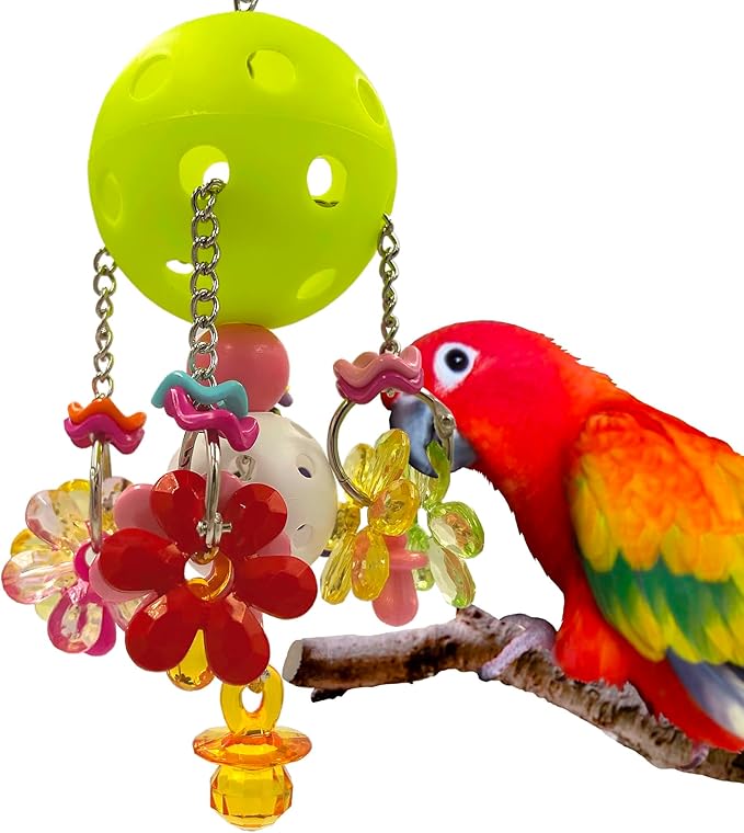 Pullable Bird Plastic Ball Toys with Acrylic Pacifiers and Flowers, Colorful Parrot Toys for Medium and Large Parrot Quaker Monk Parakeet Sun Conures (Light Green)