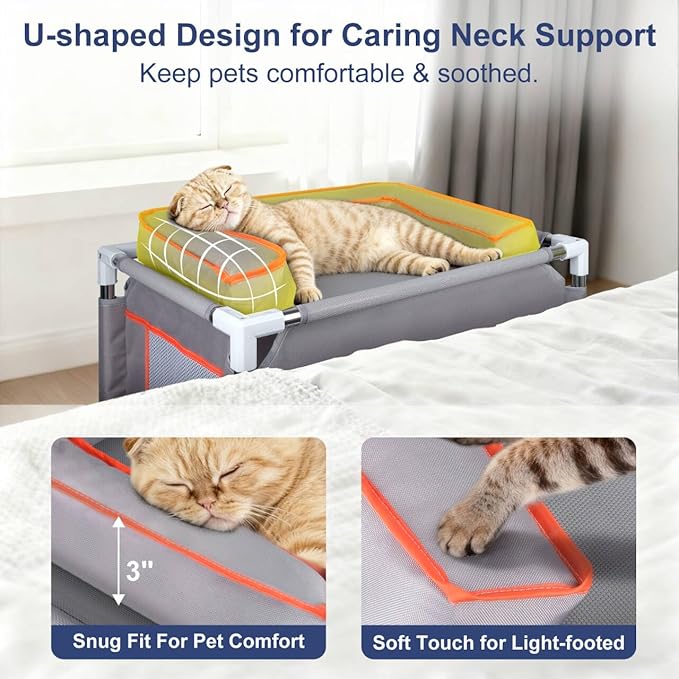 25.5"*17"*17.7" Bedside Dog Bed for Small-Medium Pet,Stainless Steel Frame & Oxford Fabric Dog Bunk Bed with Neck Pillow, Cat Bed Attachment to Human Bed, Elevated Pet Bed,Cat&Dog Perch, Lightweight