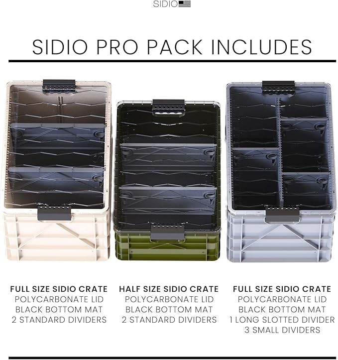 SIDIO CRATE Pro Pack - Two Full Size and One Half Size Heavy Duty Stackable Storage Bins, Totes and Containers with Lids and Dividers - Durable Organizer for Home, Office, Garage, and Outdoor Use